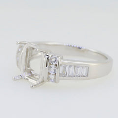 Sterling Silver Semi Mount Ring Setting with Baguette stones, designed for 9x7mm Emerald gemstone.