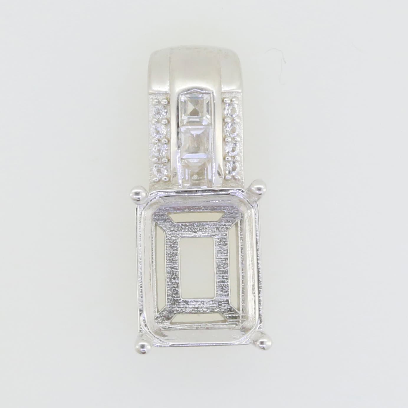 Sterling silver semi mount pendant setting for 10x8mm emerald with baguette accents, make to order.