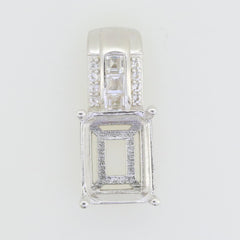 Sterling silver semi mount pendant setting for 10x8mm emerald with baguette accents, make to order.