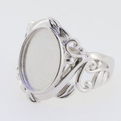 Sterling silver semi mount ring setting with ornate Art Nouveau design, designed for 14x10mm oval cabochon gemstones.
