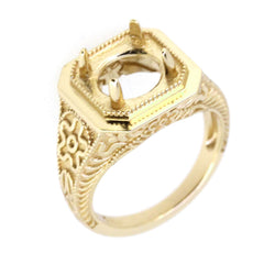 Art Deco style gold semi mount ring setting with intricate design, featuring an empty stone holder.