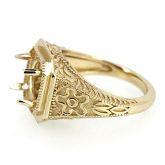 Sterling Silver Semi Mount Ring Setting in Art Deco style with intricate flower and leaf design, designed for an 8x8mm gemstone.