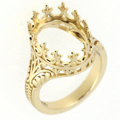 Sterling silver semi mount ring setting for oval cabochon, Art Deco style, intricate design with crown-like features.