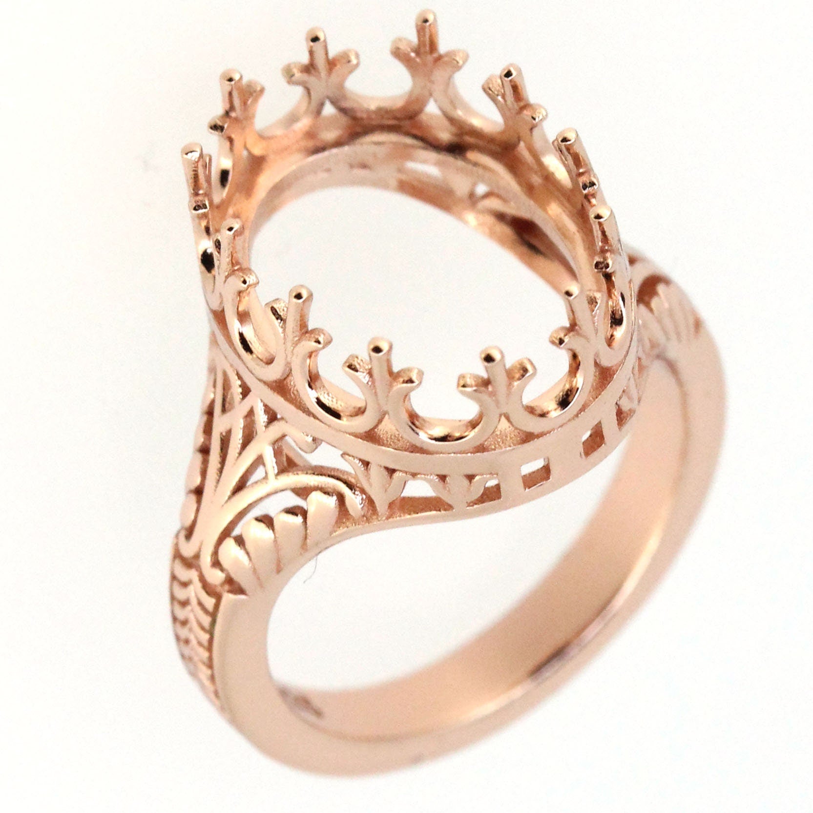 Sterling silver semi mount ring setting with intricate Art Deco design, ready for custom gemstone fitting.