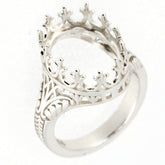 Sterling Silver Semi Mount Ring Setting for Oval 16x12mm Cabochon in Art Deco Style