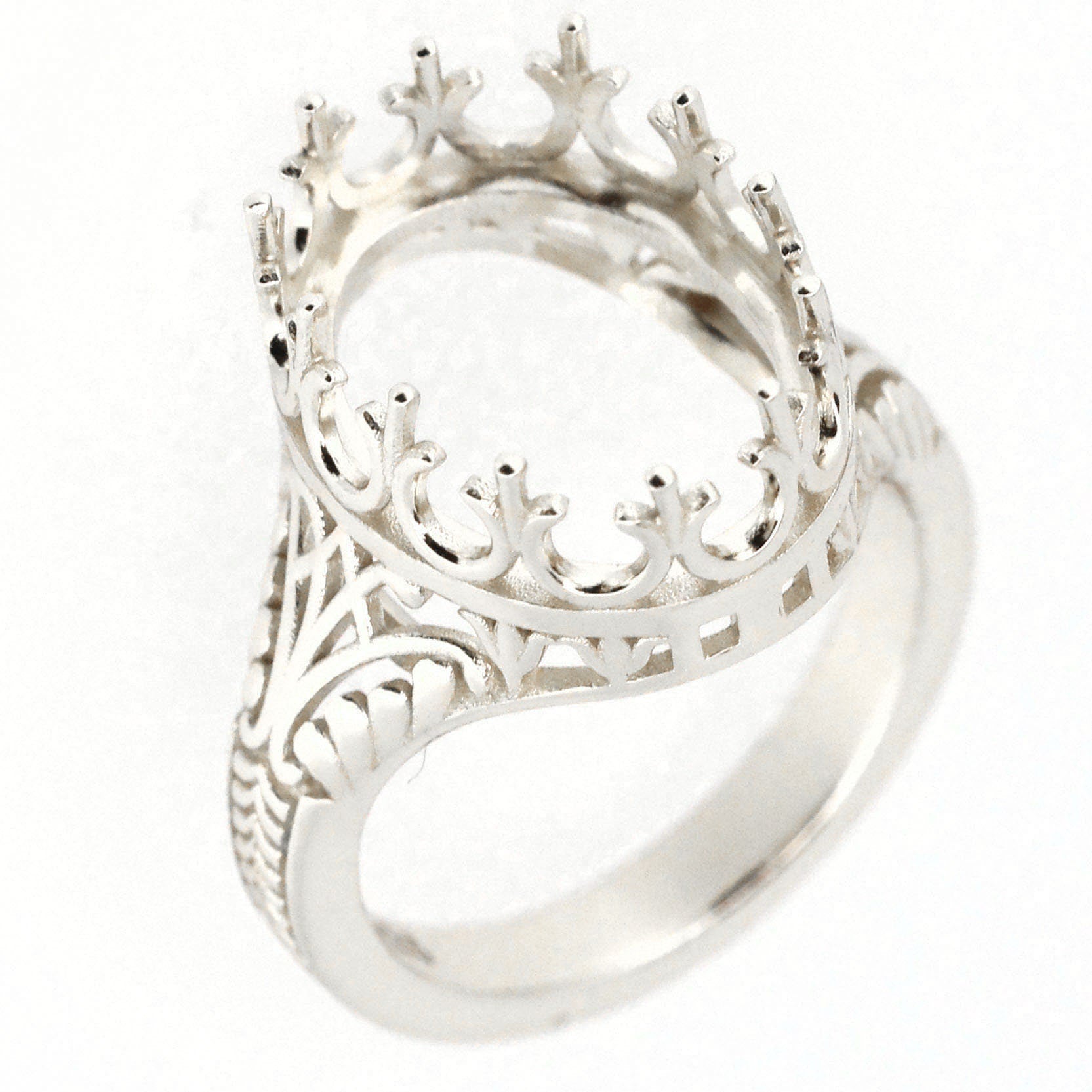 Custom sterling silver semi mount ring setting with ornate Art Deco style design, ready for gemstone placement.