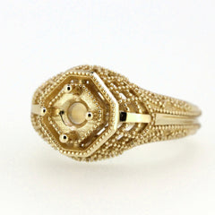 Art Deco style gold semi mount ring setting with intricate bead detailing, designed for custom gemstone placement.