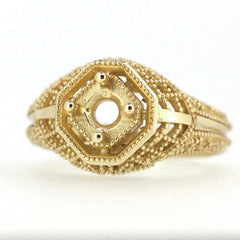 Sterling silver semi mount ring setting in Art Deco style with hexagonal center and intricate beaded design.