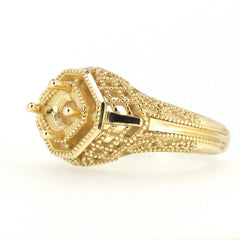 Gold Semi Mount Ring Setting with Hexagonal Design for 5x5mm Stone, Ideal for Art Deco Style Jewelry.