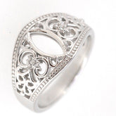 Sterling silver semi mount ring setting with marquise cut design in Art Nouveau style, featuring intricate floral details.