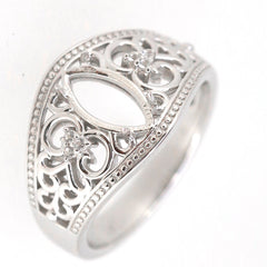 Sterling silver semi mount ring setting with marquise cut design in Art Nouveau style, featuring intricate floral details.