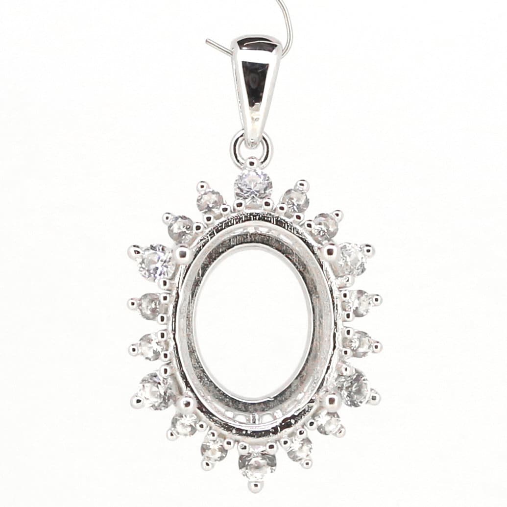 Sterling Silver Semi Mount Pendant Setting Oval 15x11mm with Halo and White Topaz, handmade to order.