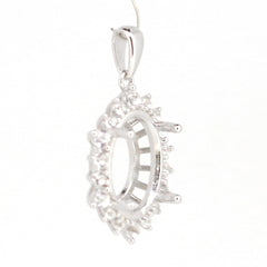 Sterling Silver semi mount pendant setting with halo design for oval gemstones, 15x11mm, featuring white topaz accents.
