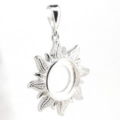 Sterling Silver Semi Mount Pendant Setting featuring intricate sun face design for 10x10mm cabochon gem.