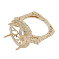 Custom yellow gold semi mount ring setting with intricate filigree and gemstone halo design.