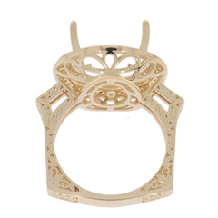 Sterling Silver semi mount ring setting with intricate design and halo for 15x15mm round gemstone.