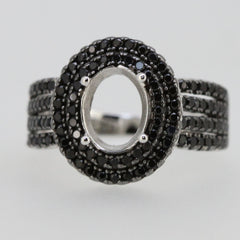 Sterling silver semi mount ring setting with black spinel double halo and an oval center for main gemstone