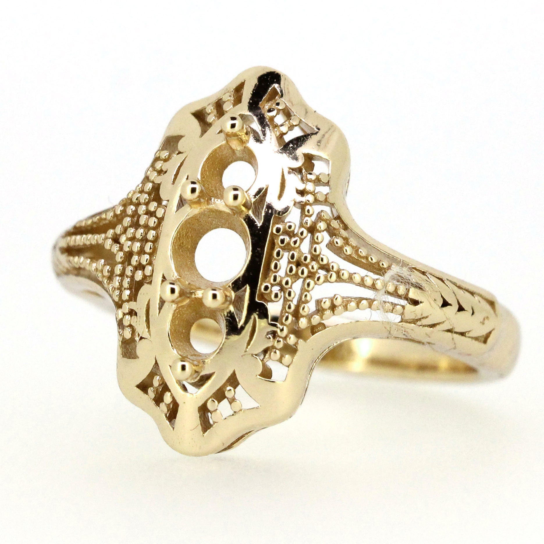 Art Deco style sterling silver semi mount ring setting for 3 stones, featuring intricate design and craftsmanship.