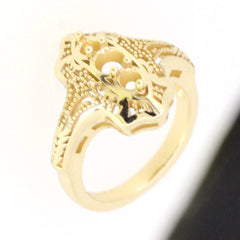 Gold semi mount ring setting with intricate design for 4x4mm and 3x3mm stones, perfect for custom three-stone jewelry.