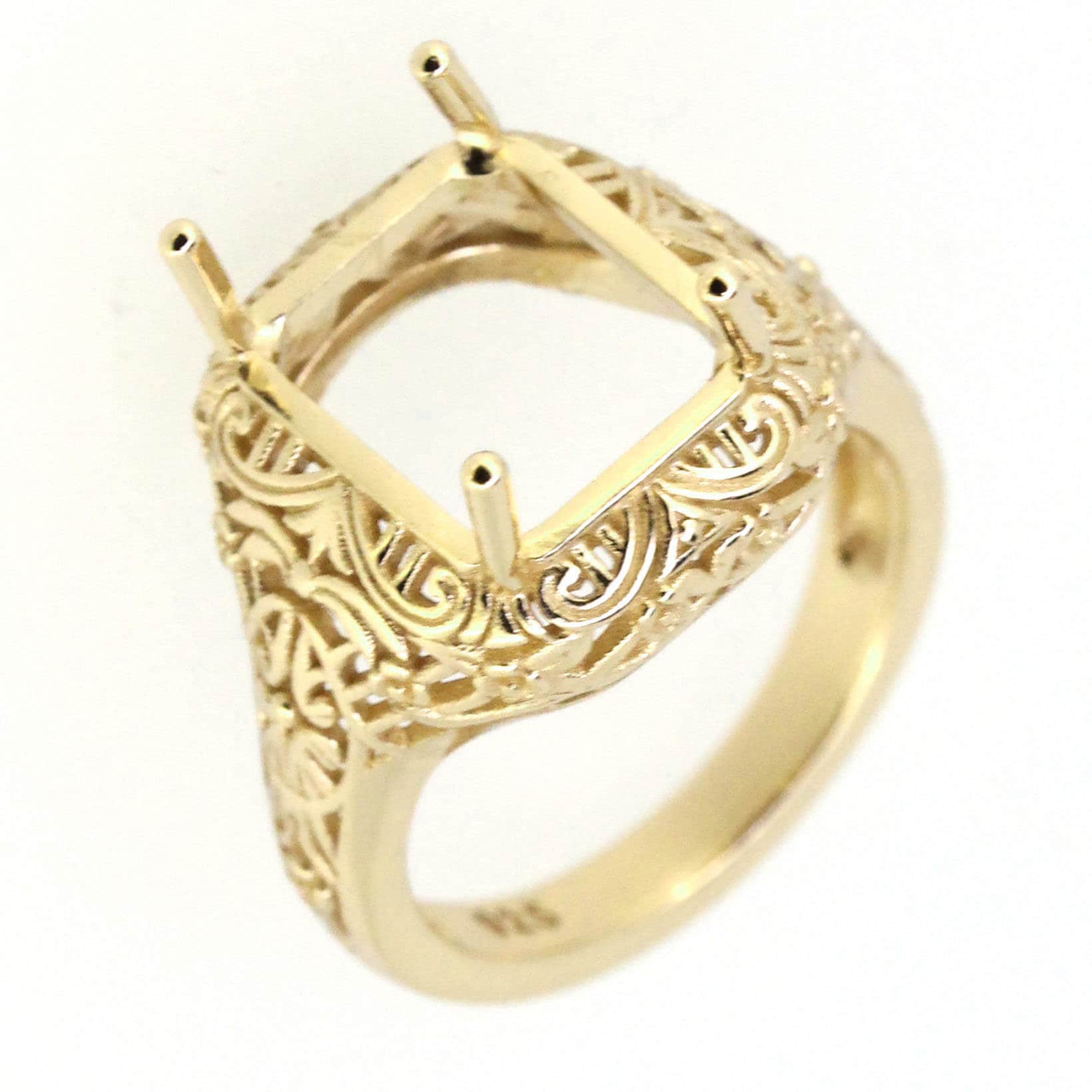 Art Deco style sterling silver semi mount ring setting with ornate detailing, featuring a square stone holder.