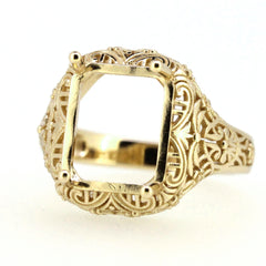 Art Deco style sterling silver semi mount ring setting for emerald, intricate design, customizable, made to order.