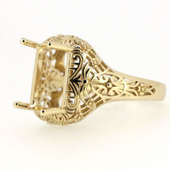 Sterling silver semi-mount ring setting in Art Deco style, designed for custom gemstones, ornate detailing.