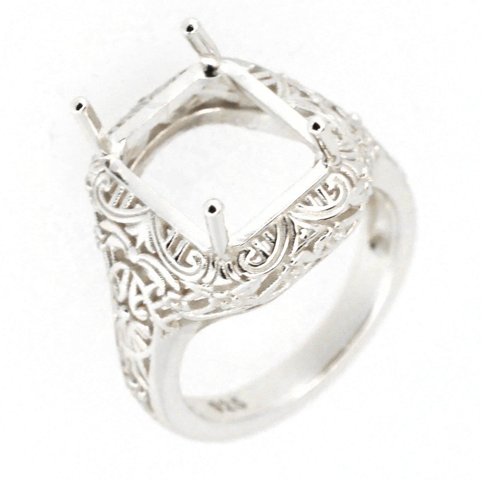 Custom sterling silver semi mount ring setting with elegant Art Deco design, ready for gemstone placement.