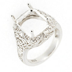 Custom sterling silver semi mount ring setting with elegant Art Deco design, ready for gemstone placement.
