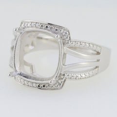 Sterling silver semi mount ring setting with a cushion-shaped center, designed for custom gemstone placement.