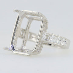 Sterling silver semi mount ring setting with princess shape accent and white topaz, 20x12mm size preparation.