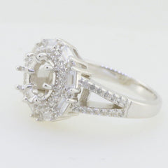 Sterling Silver Semi Mount Ring Setting with Split Shank Double Halo and Baguette Accents, size customizable.