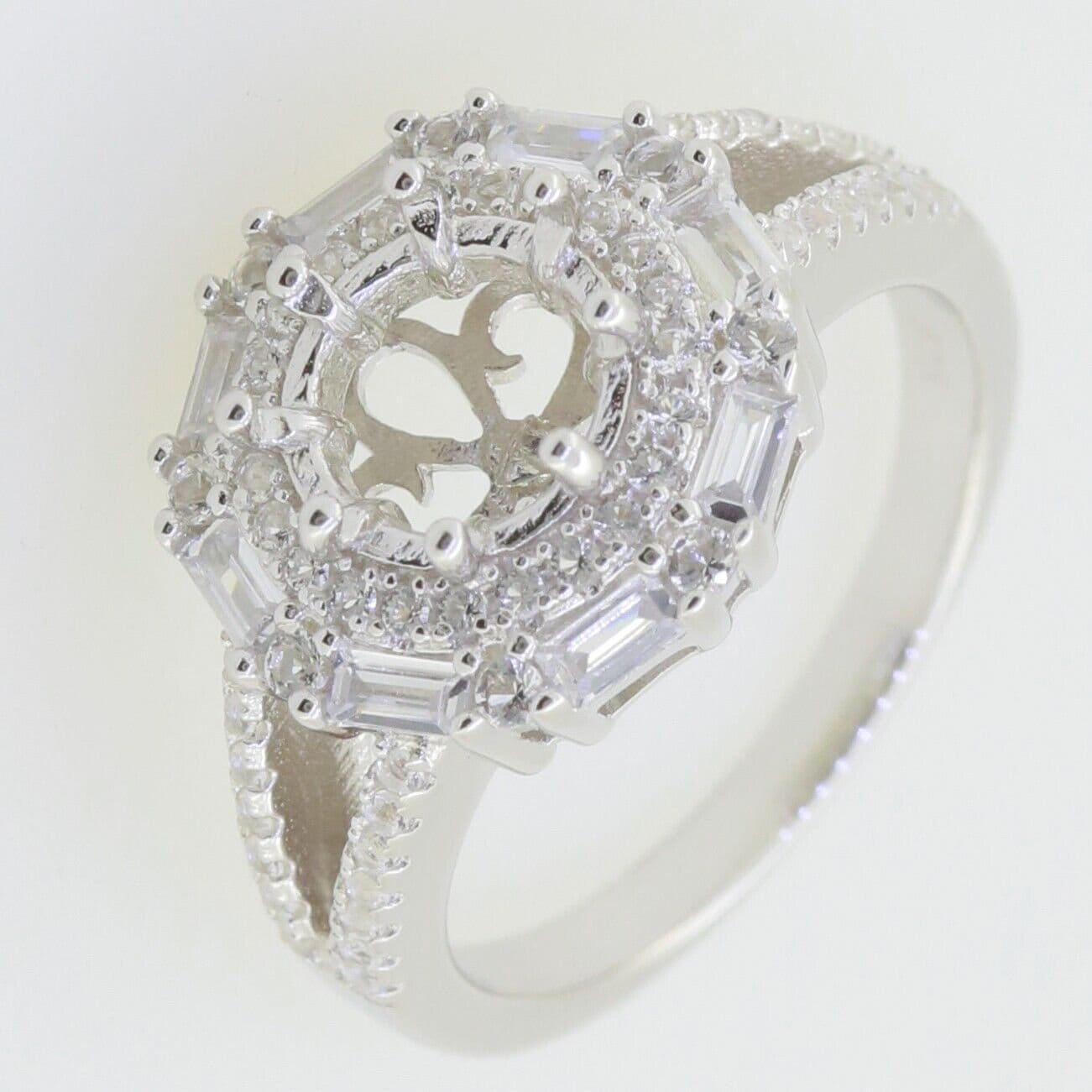 Sterling Silver Semi Mount Ring Setting with Double Halo and Baguette Design, elegant contemporary jewelry.