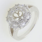 Sterling Silver Semi Mount Ring Setting with Double Halo and Baguette Design, elegant contemporary jewelry.