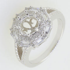 Sterling Silver Semi Mount Ring Setting with Double Halo and Baguette Design, elegant contemporary jewelry.