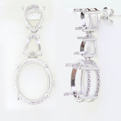 Sterling Silver semi mount earrings setting with oval and dangle design, featuring white topaz gemstone slots.