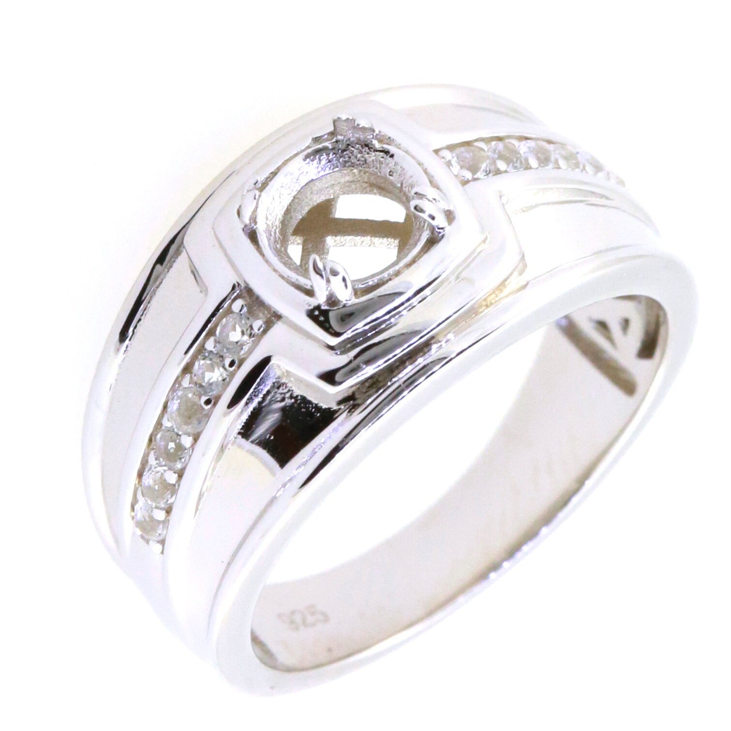 Men's sterling silver semi mount ring setting with round 6x6mm gemstone placeholder and decorative details.