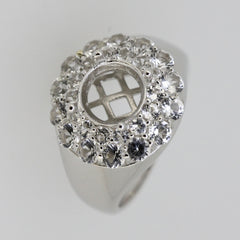 Sterling Silver semi mount ring setting with round double halo and white topaz accent, designed for customized gemstone settings.