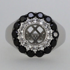 Sterling Silver semi mount ring with double halo of black spinel and white topaz, featuring round setting for 8x8mm gemstone.