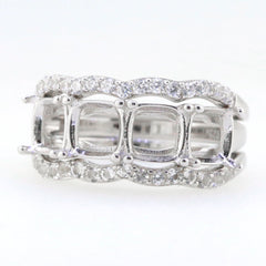 Sterling silver semi mount ring setting featuring cushion cut 6x6mm stones, adorned with white topaz gemstones, elegant design.