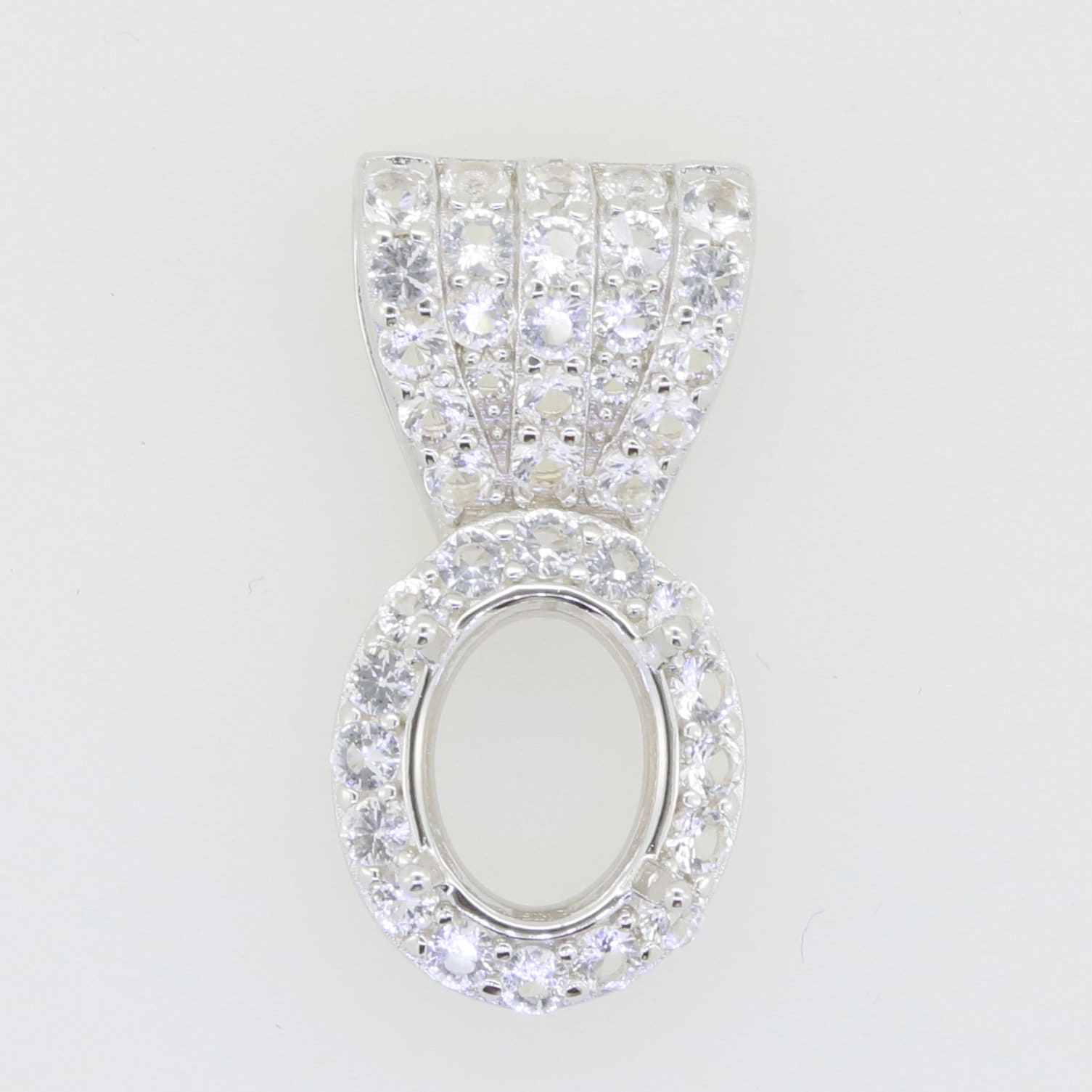 Sterling silver semi mount pendant setting with oval cut halo white topaz accent, customizable gemstone size.