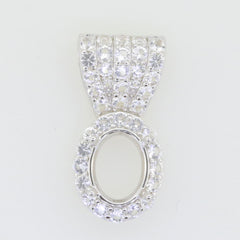 Sterling silver semi mount pendant setting with oval cut halo white topaz accent, customizable gemstone size.