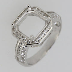 Sterling silver semi mount ring setting with accent shank, designed for square emerald gemstone.