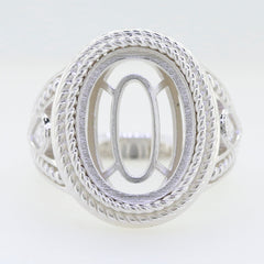 Sterling silver semi mount ring setting for oval cabochon gemstone, intricate design suitable for custom sizes.