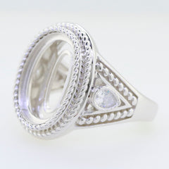 Sterling Silver Semi Mount Ring Setting with intricate detailing, designed for oval cabochon gemstones, made to order.
