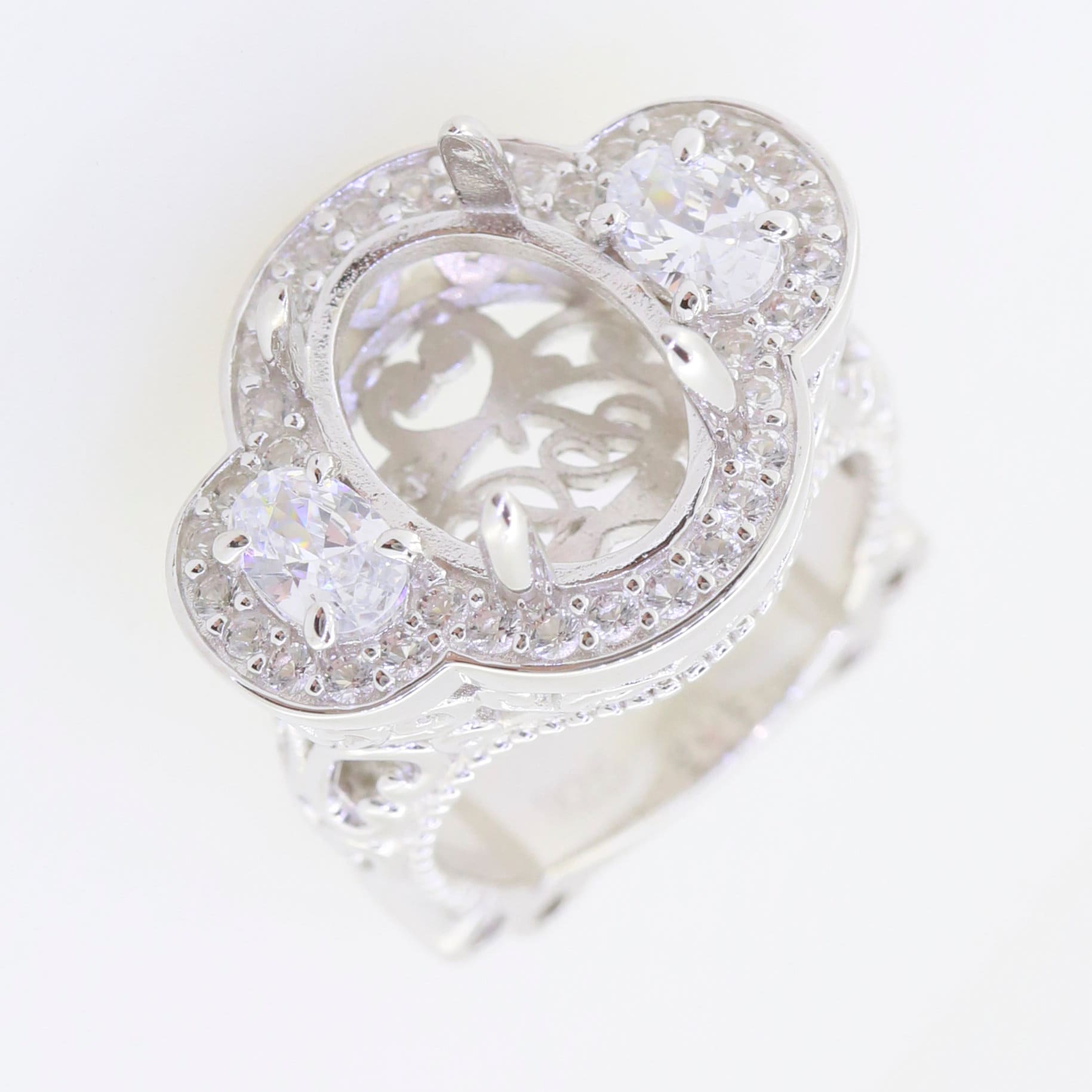 Sterling Silver Semi Mount Ring Setting with Oval 14x10mm for Cabochon Gemstone and White Topaz accents.