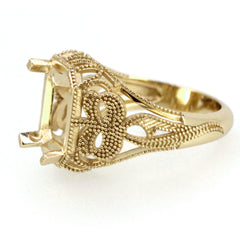 Sterling Silver semi mount ring setting with intricate Art Deco design, suitable for an emerald, 10x8mm gemstone.