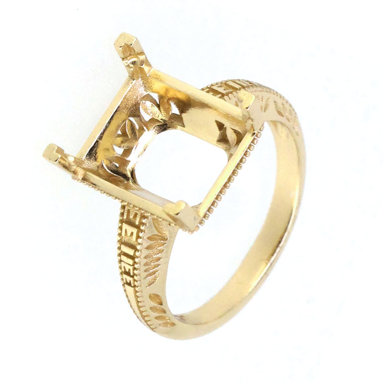 Sterling Silver semi mount ring setting for an emerald, featuring Art Deco design elements and intricate detailing.