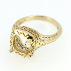 Art Deco style semi mount ring setting in gold with intricate details, designed for a cushion cut gemstone.
