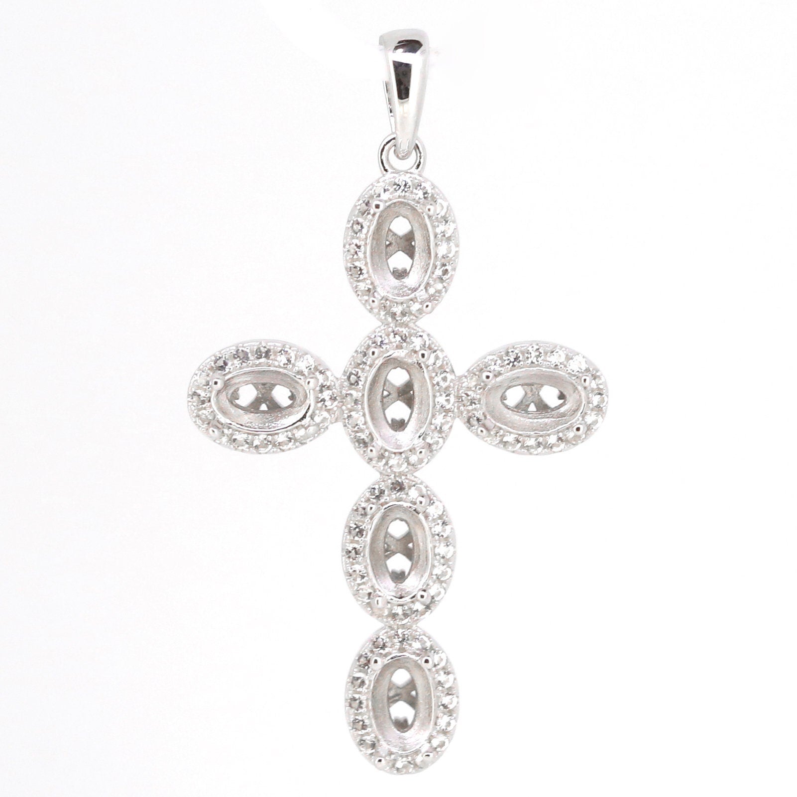 Sterling Silver Cross Pendant Setting with Multi Stone Accents and Topaz, Oval OV 6x4mm Design