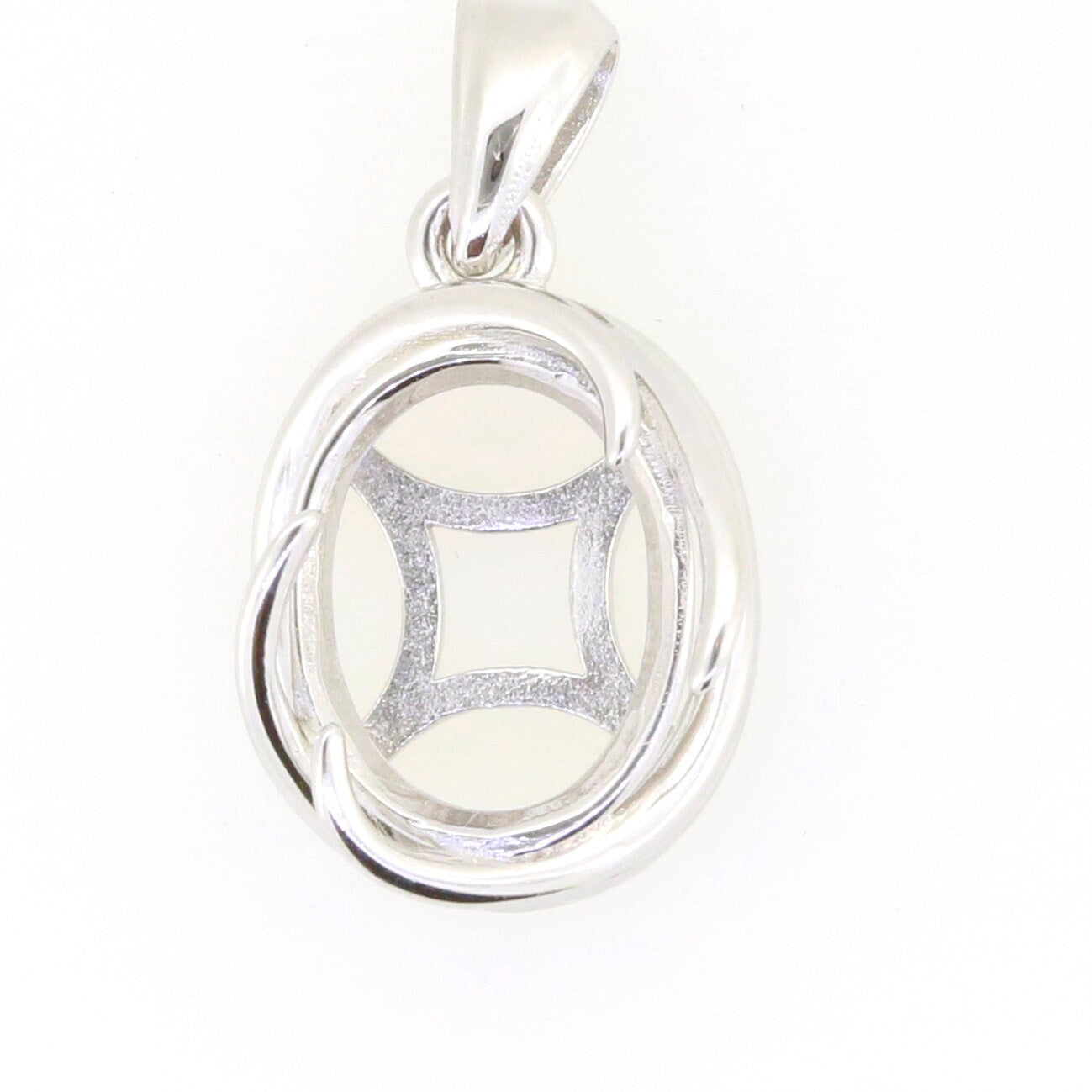 Sterling silver semi mount pendant setting featuring an oval design, customizable for various gemstone sizes.